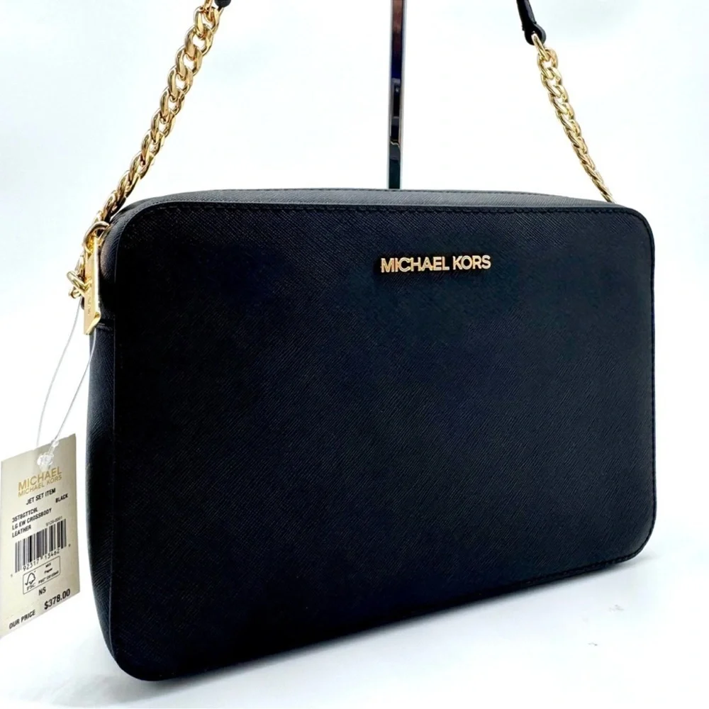 Michael Kors Large Jet Set Item EW Chain Xbody Crossbody Bag Black/Gold